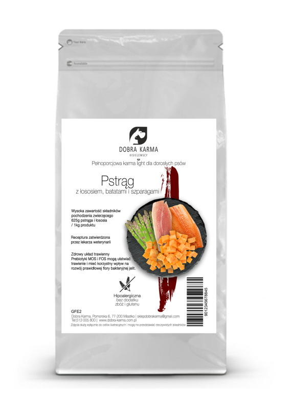 Senior pstrąg z łososiem ,batatami i szparagami dla starszych\otyłych psów DOBRA KARMA GFC