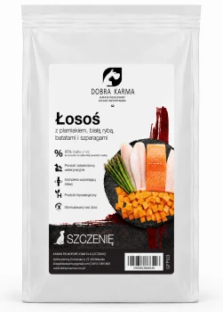 Łosoś z plamiakiem błękitkiem i batatem i szparagami dla szczeniąt DOBRA KARMA GPU 2/6/12kg